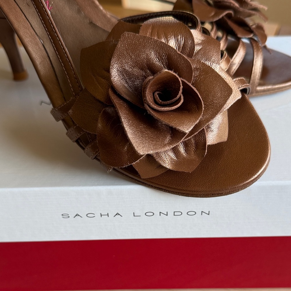 Sacha London Bronze Strappy Heels with Rose Detail - Picture 2 of 16
